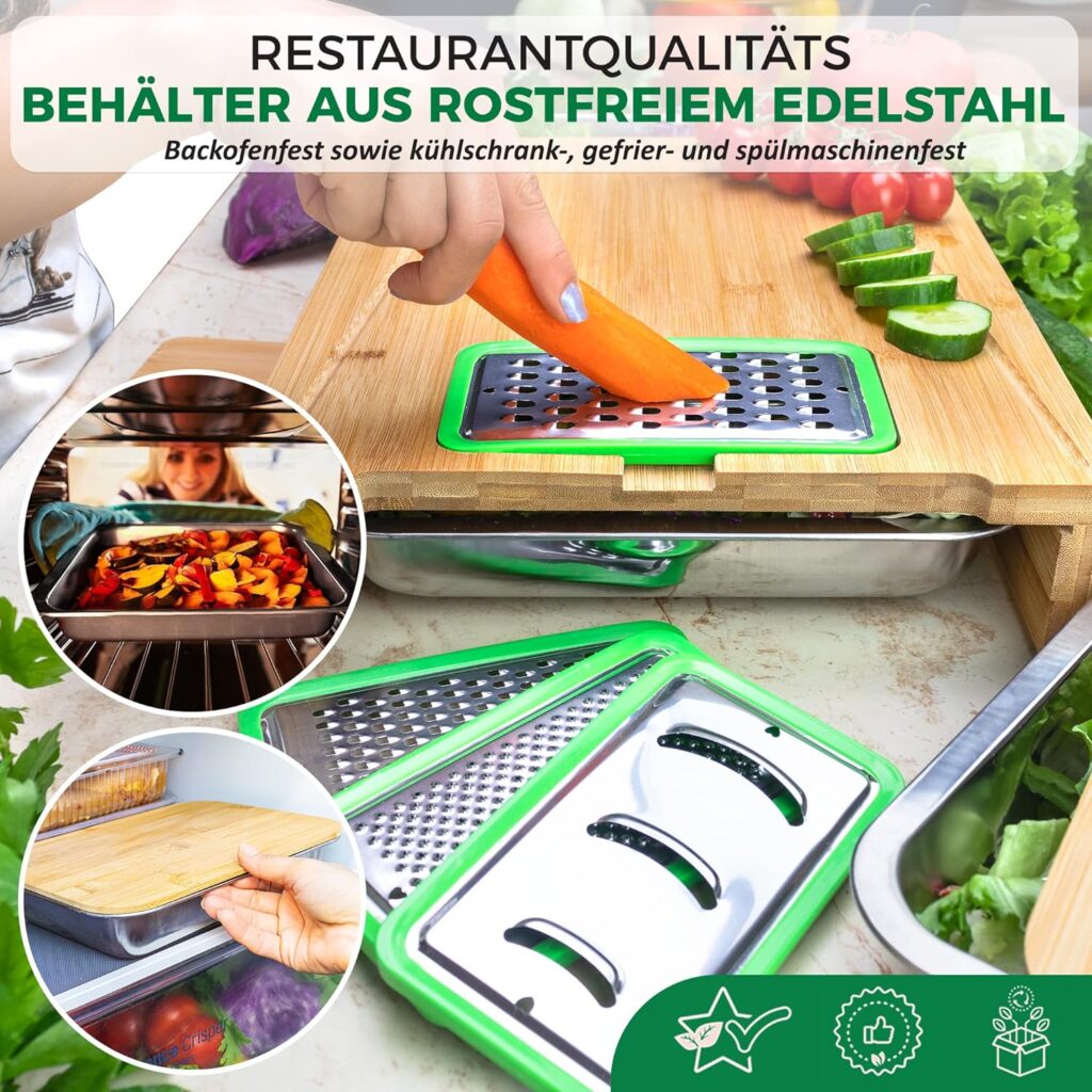 Ecowize 3-in-1 Chopping Board with Collection Tray Set - 8-Piece Frankfurt Board with Bag - Bamboo Chopping Board with Stainless Steel Collection Tray - Chopping, Cutting  Grating on a Chopping Board