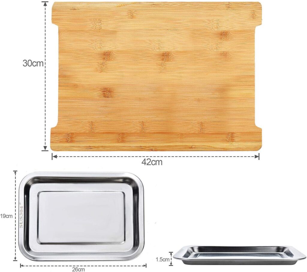 Harcas premium chopping board made from organic bamboo. Includes 2 large stainless steel drip trays. 42cm x 30cm x 4cm. Best for vegetables, fruits and cheese. Professional, durable and resilient