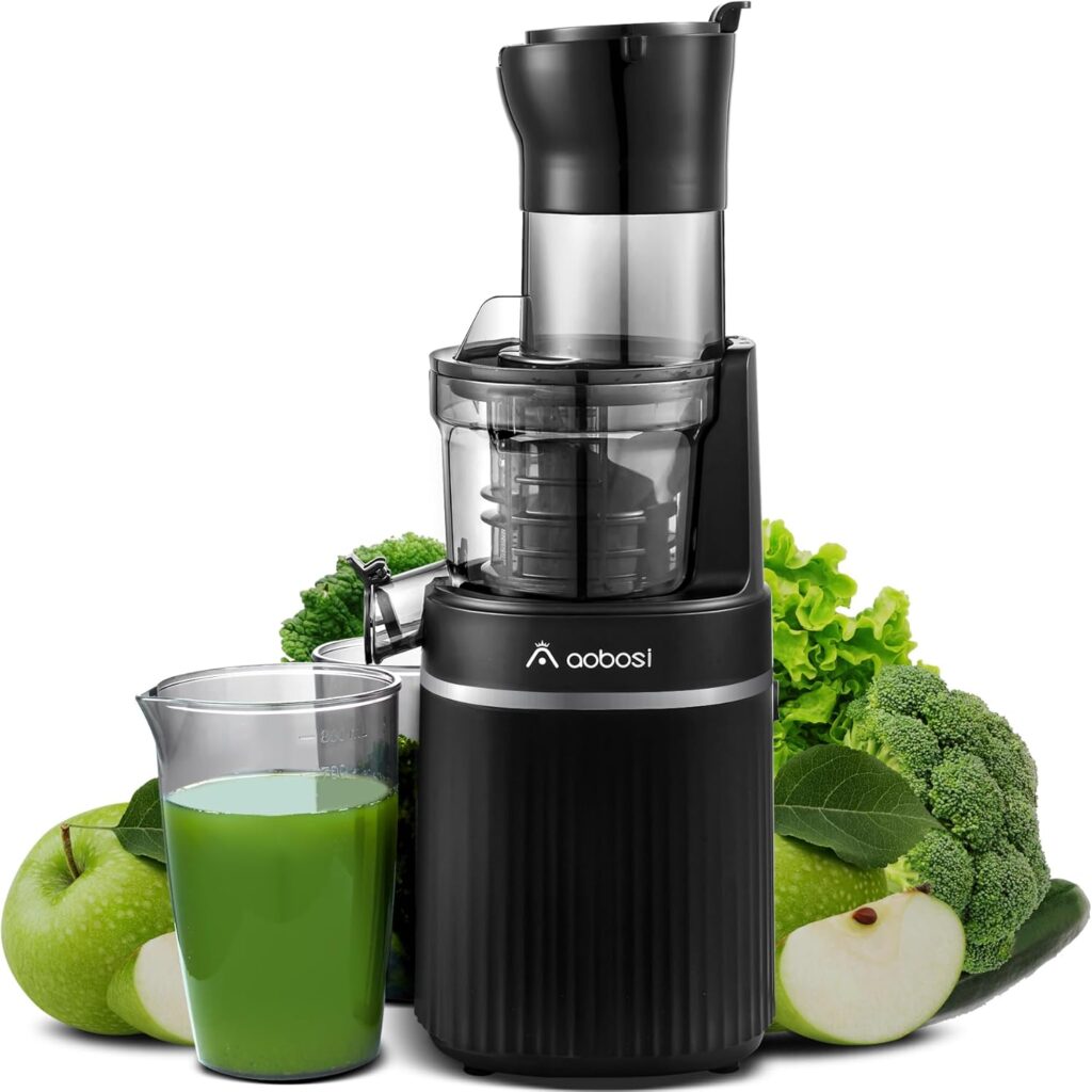 AOBOSI 200 W Slow Juicer, Juicer with Reverse Function and Two Filter Sizes. Juicer Vegetable and Fruit Test Winner, Multifunctional Juicer Vegetable and Fruit with Smart Chip. Fruit Press Black