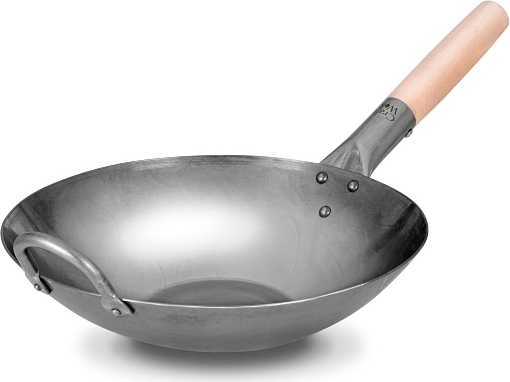 Craft Wok 731W316 Pow Wok Flat Hand Hammered Carbon Steel with Wood and Steel Handle 14 Flat Bottom Flat 731W316