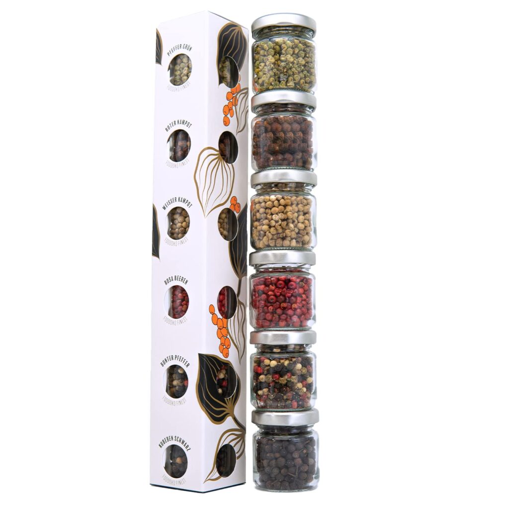 FOODOKO FINEST - Pepper Spice Gift Set | 6 Exciting Pepper Varieties in Tasting Set | Whole Peppercorns Suitable for the Pepper Mill (75 g)