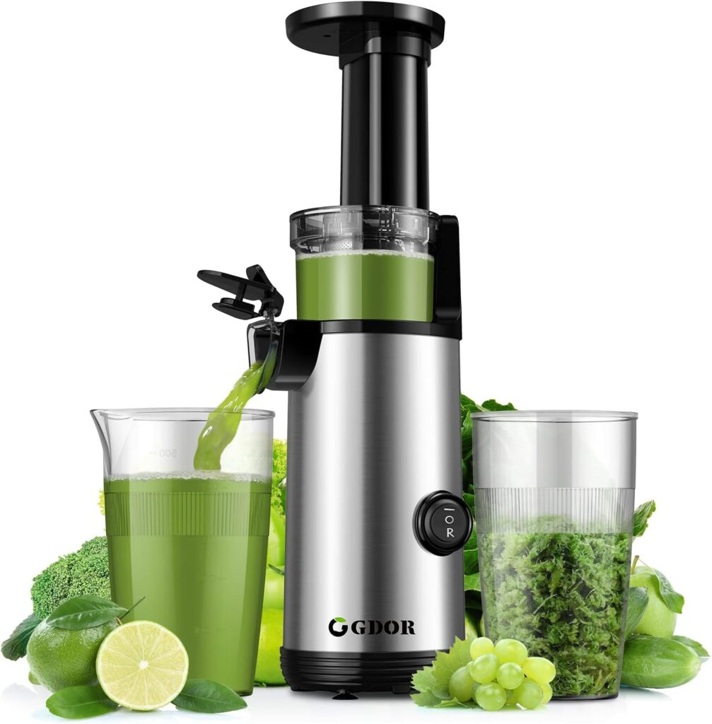 GDOR Compact Juicer, Powerful Juicer, Slow Juicer, Easy to Clean Juicer Machine, Quiet Juicer for Fruit and Vegetables, 600 ml, High Juice Yield, Includes Brush, BPA-Free