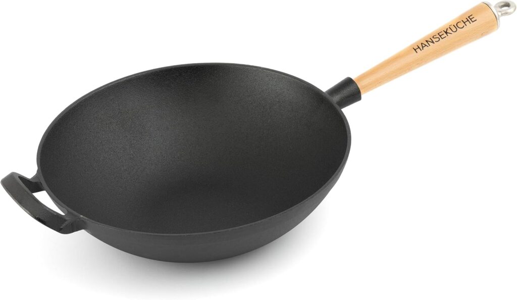 Hanseküche Cast Iron Wok - High Quality Baked Wok Pan, Suitable for Induction Cookers - Robust and Rustic Cast Iron Pan (31 cm Diameter with Wooden Handle)