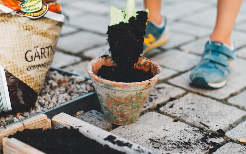 person putting soil inside brown planter