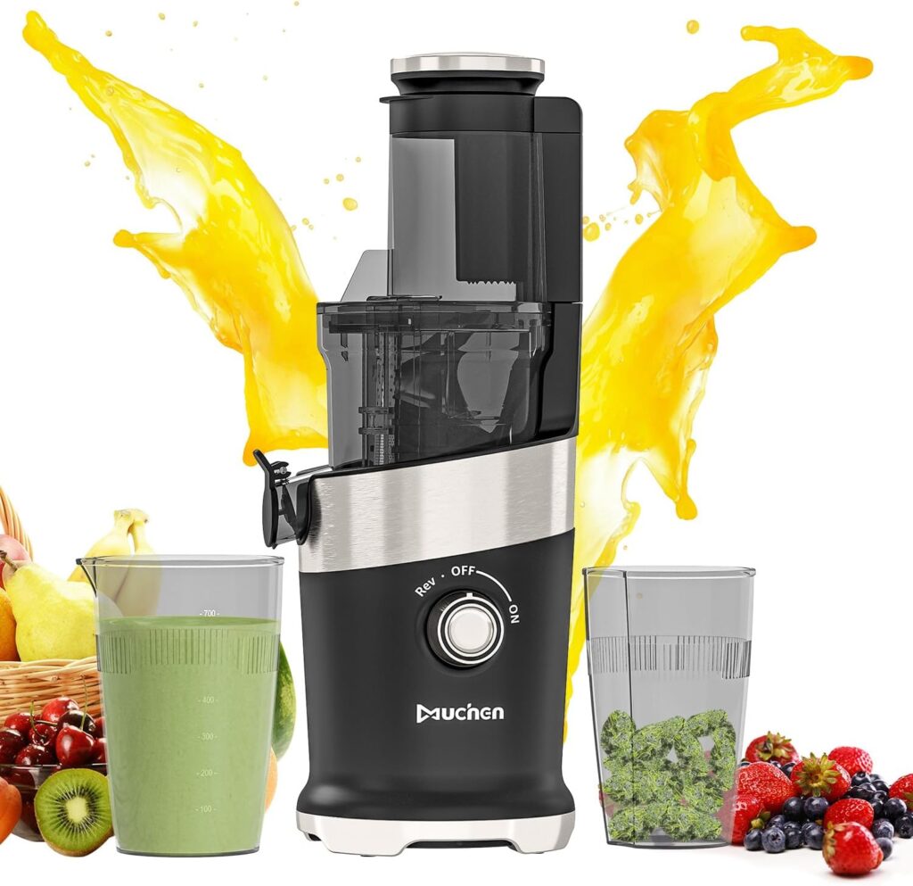 Muchen Slow Juicer Entsafter Gemüse und Obst elektrische Fruchtpresse Für ganzen Früchten und Gemüse Rückwärts Funktion Ruhiger Motor Frisch Gesunder Saft, 150W, Schwarz, ‎ZM1908